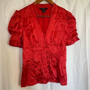 100% Vibrant Red Satin V-Neck Button Blouse